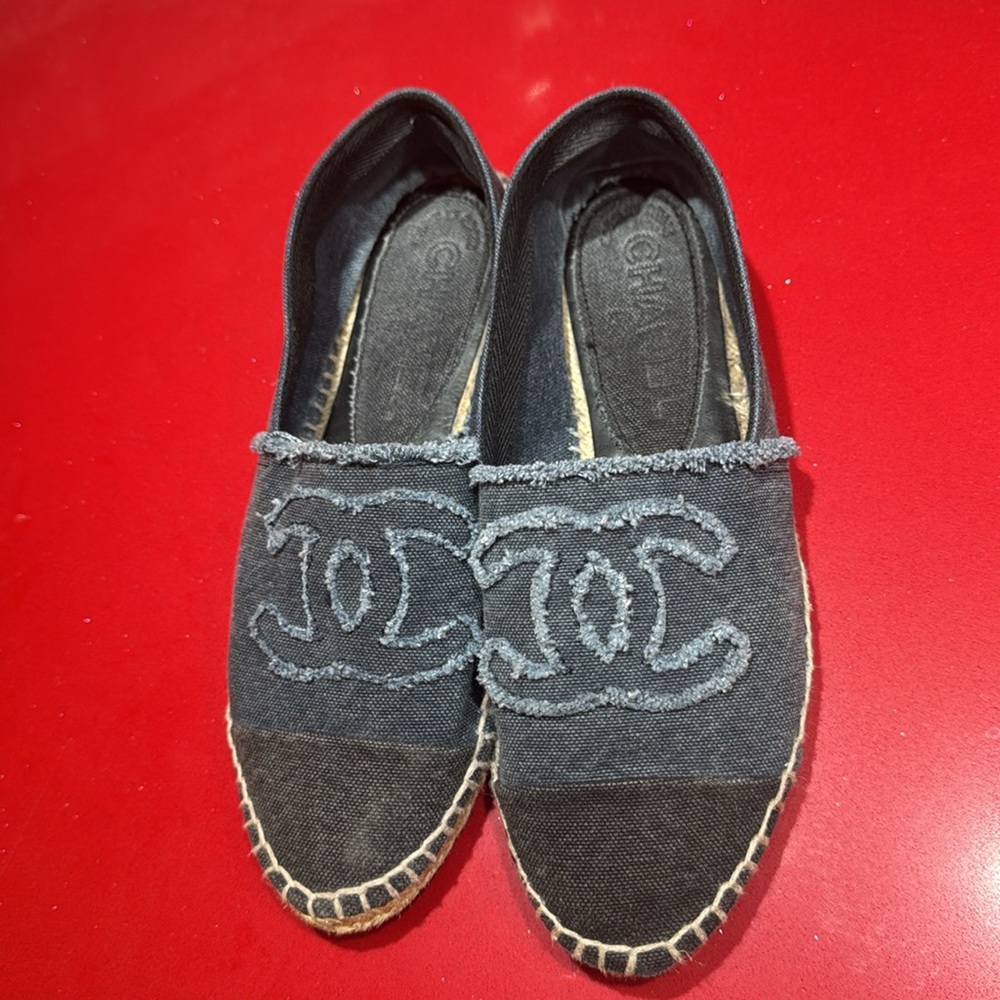CHANEL Black Denim Espadrille Flats with CC Logo